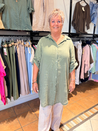 Linnen Blouse Lang - Army Green